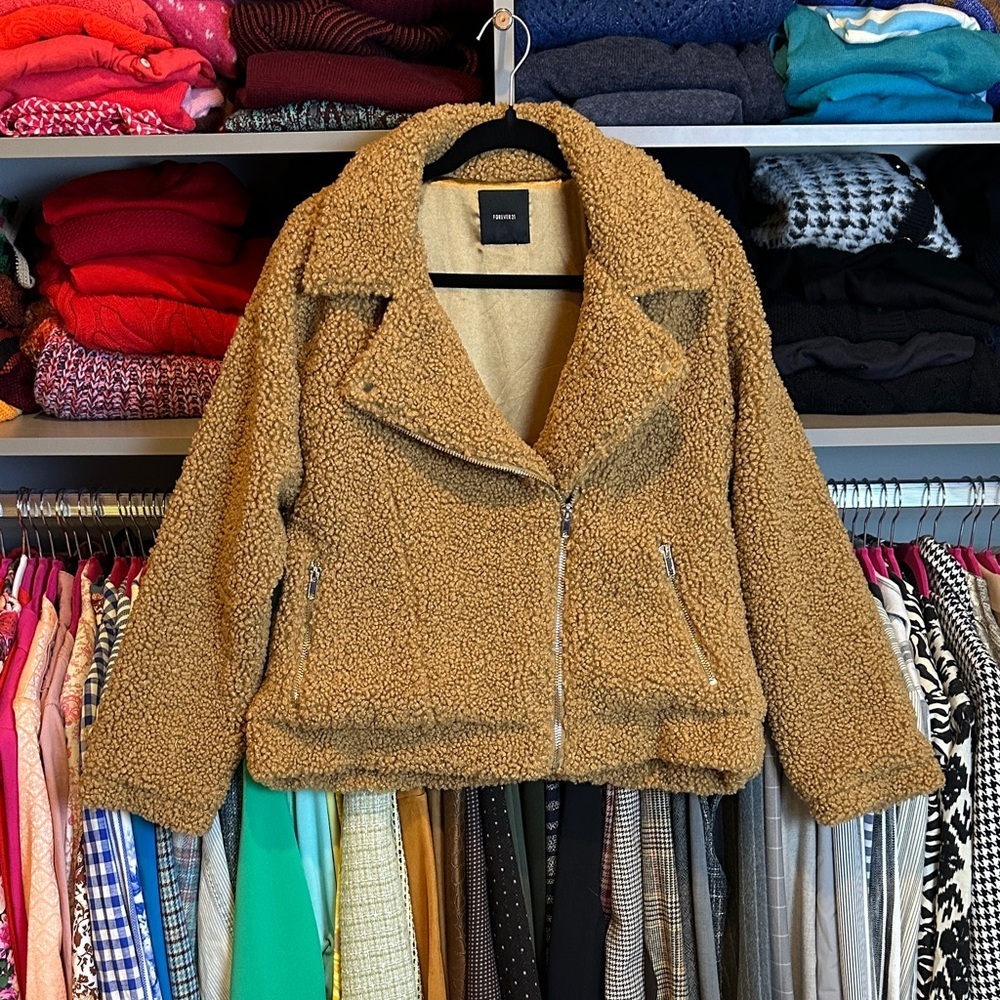 Forever 21 tan teddy 2 pocket motto jacket size L